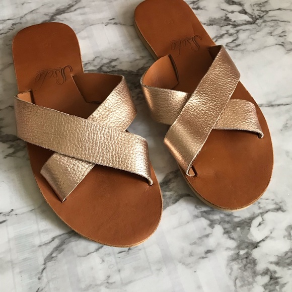 rose gold criss cross sandals